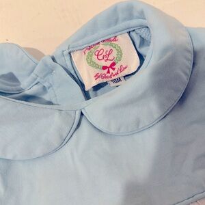 18 mo Cecil & Lou boys onsie footless blue with trains smocked